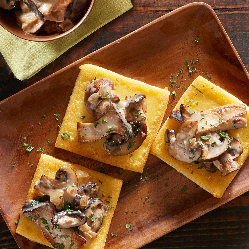 Fried Polenta Squares with Creamy Mushroom Ragu Recipe