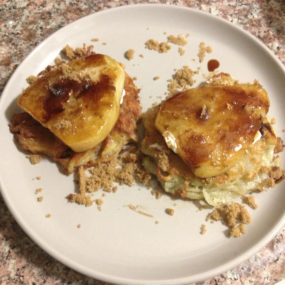 Potato Latkes with Caramelized Pears, Goat Cheese, and Sherry Vinegar Drizzle Recipe