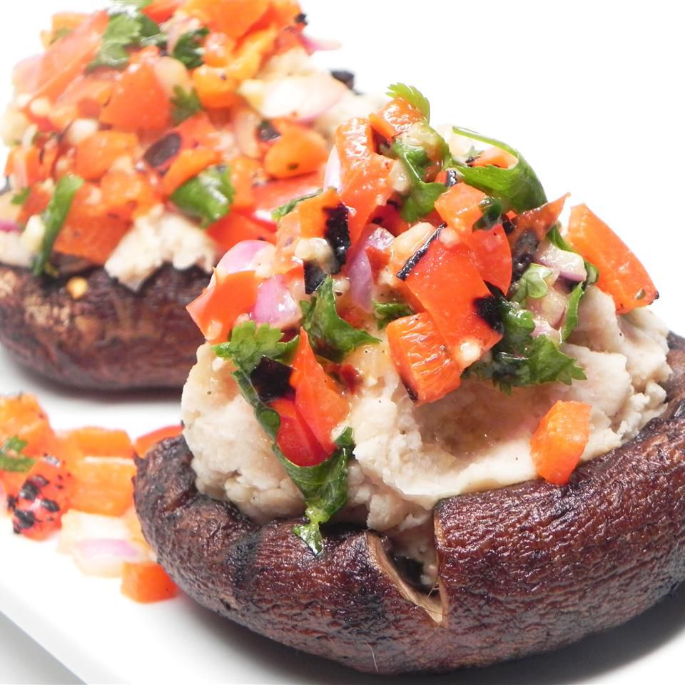 Grilled Portobello Mushrooms with Mashed Cannellini Beans and Harissa Sauce Recipe