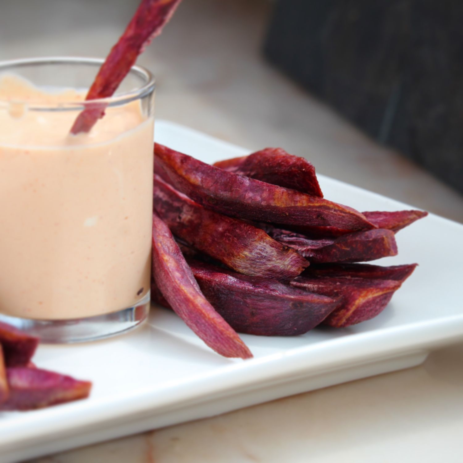 Air-Fried Purple Yam Fries with Sour Cream Sriracha Sauce Recipe